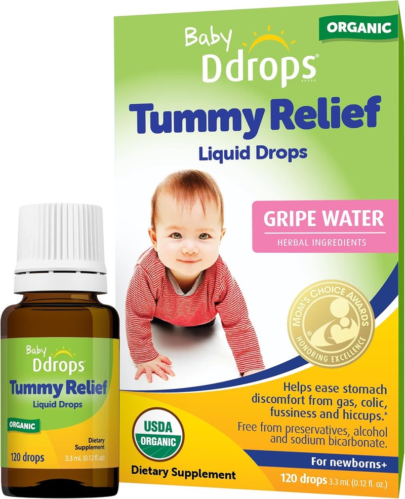 Ddrops Baby Tummy Relief Liquid Drops, Organic Gripe Water for Newborns, Relief from Gas, Colic, Fussiness and Hiccups, Just One Drop, Herbal Ingredients, 120 Drops - Image 1